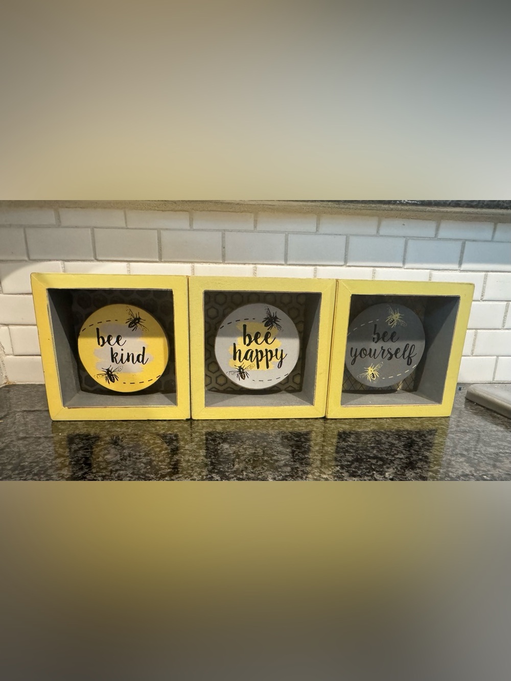 Bee Happy Yellow Decorative Wooden Blocks and Metal Bee